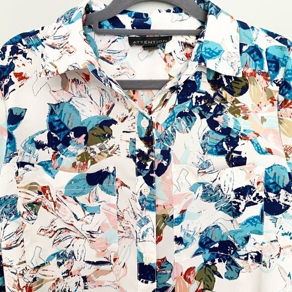 5/$25 Attention bold spring florals lightweight flowy long sleeve collared top - Picture 2 of 7